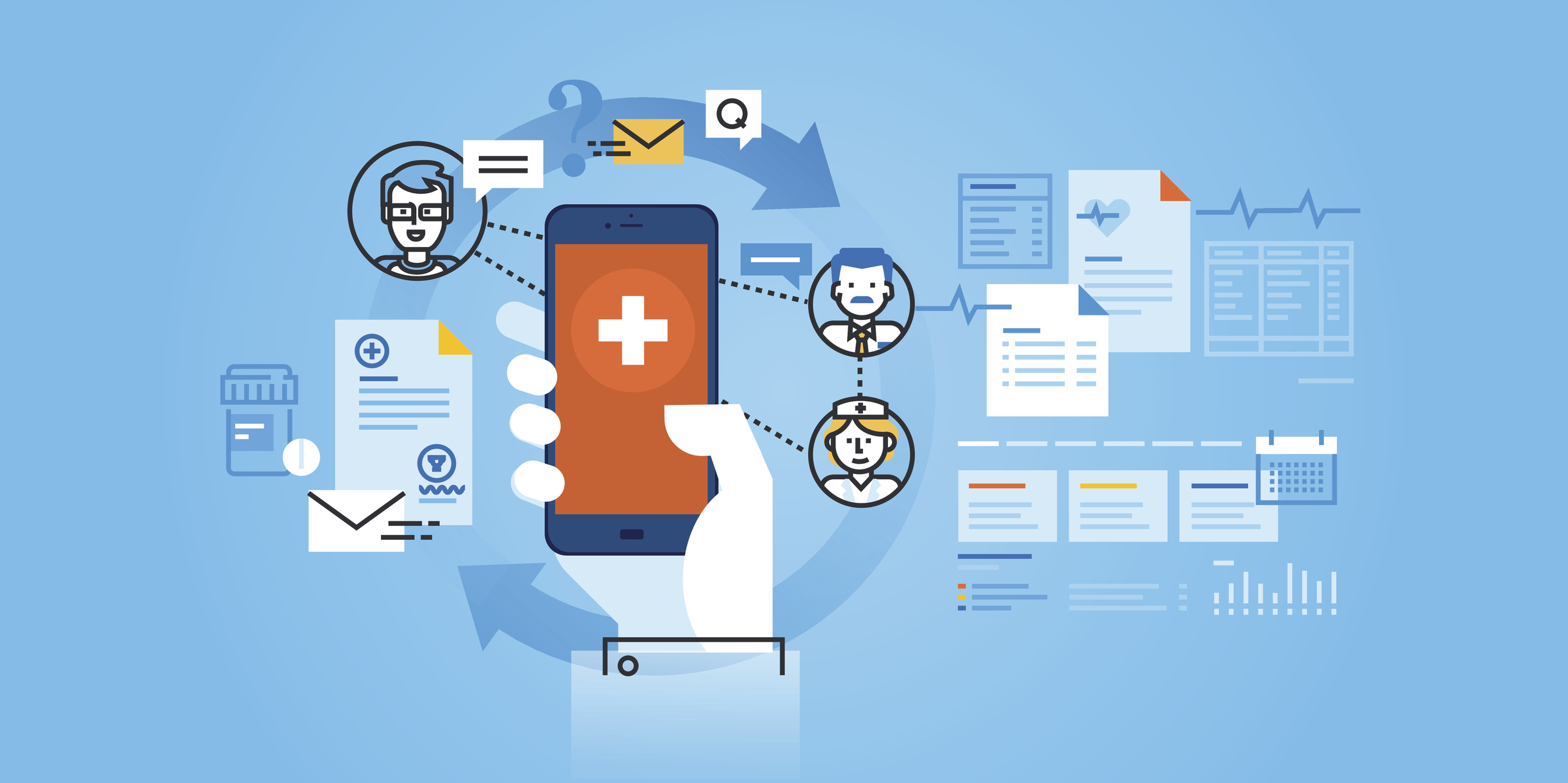 Flat line design website banner of healthcare mobile app. Modern vector illustration for web design, marketing and print material.