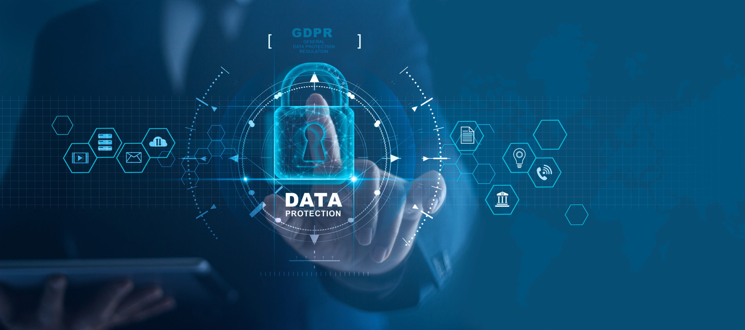 Business man protecting data personal information on tablet and virtual interface. Data protection privacy concept. GDPR. EU. Cyber security network. Padlock icon and internet technology networking connection on digital background.